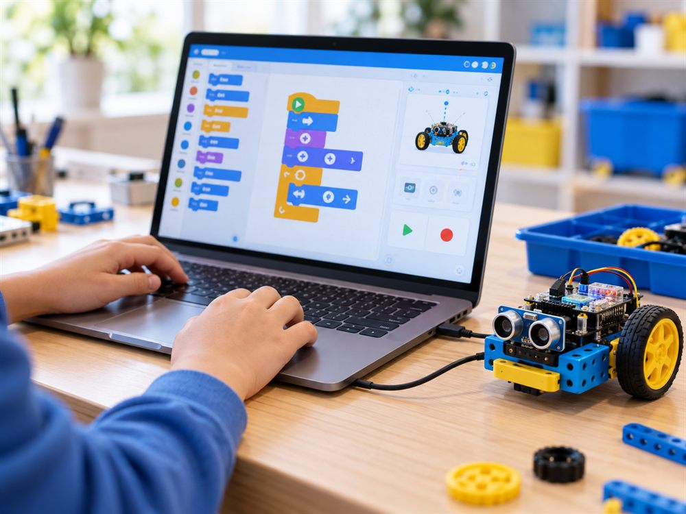 Dizüstü bilgisayarda blok kodlama ekranı ve kabloyla bağlı sensörlü robot araç