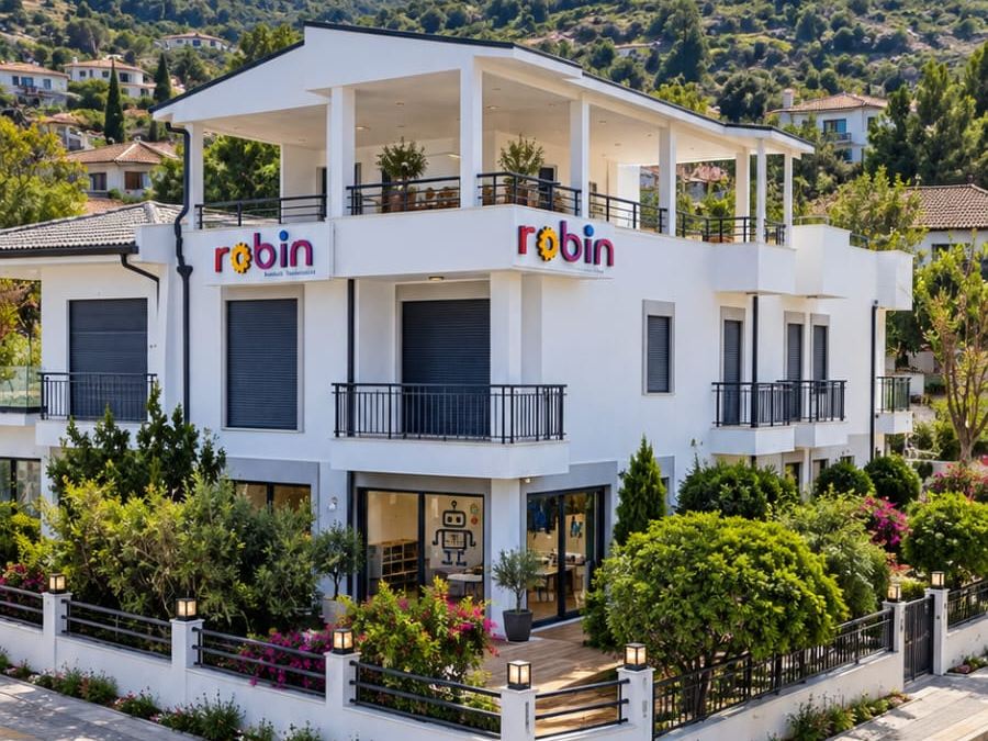 Güzelbahçe'deki Robin Robotik İnovasyon binası: robin tabelalı beyaz bina, çiçekli bahçe ve giriş